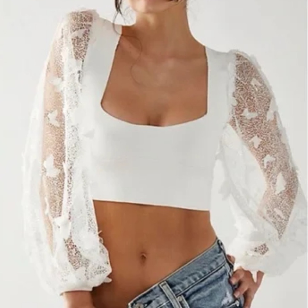 Free People White Lace Puff Sleeve Crop Top